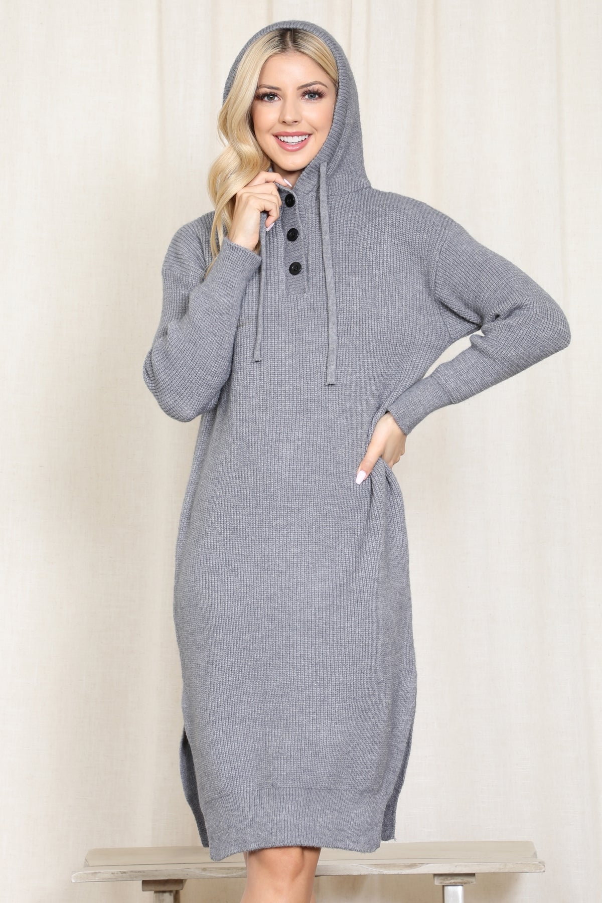 Hooded Long Sleeve Tunic Dress with Slit