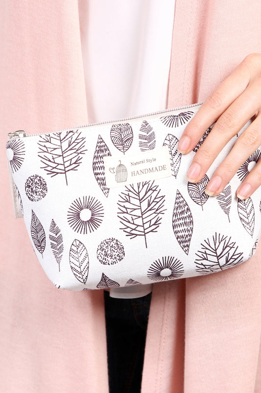 Aztec Leaf Print Cosmetic Bag-White