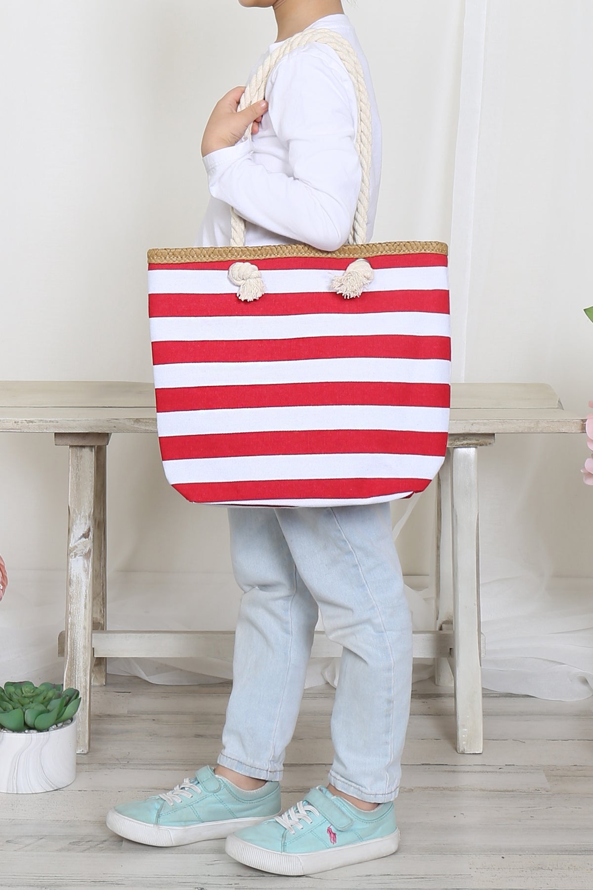 Kids Striped Print Summer Tote Bag