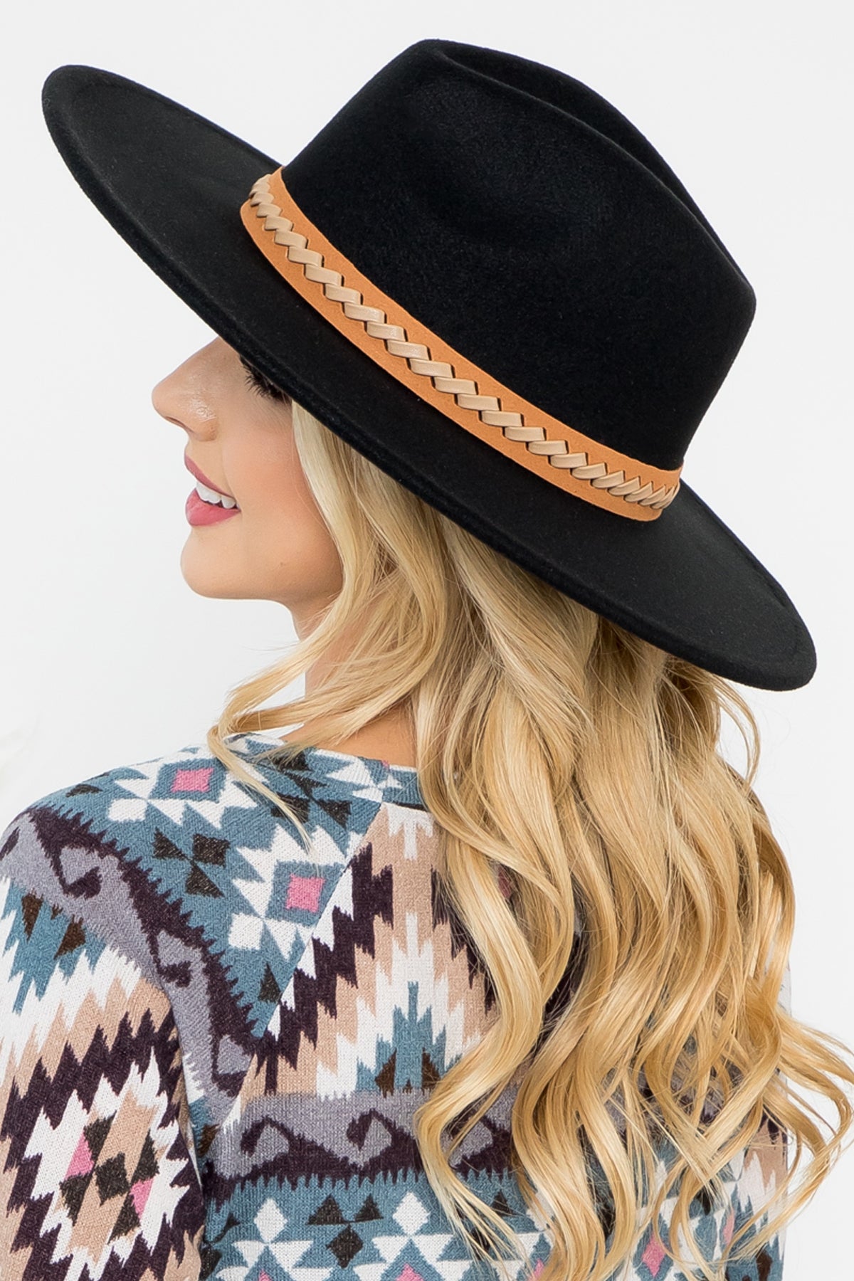 Felt Fashion Brim Hat w/ Leather Braided