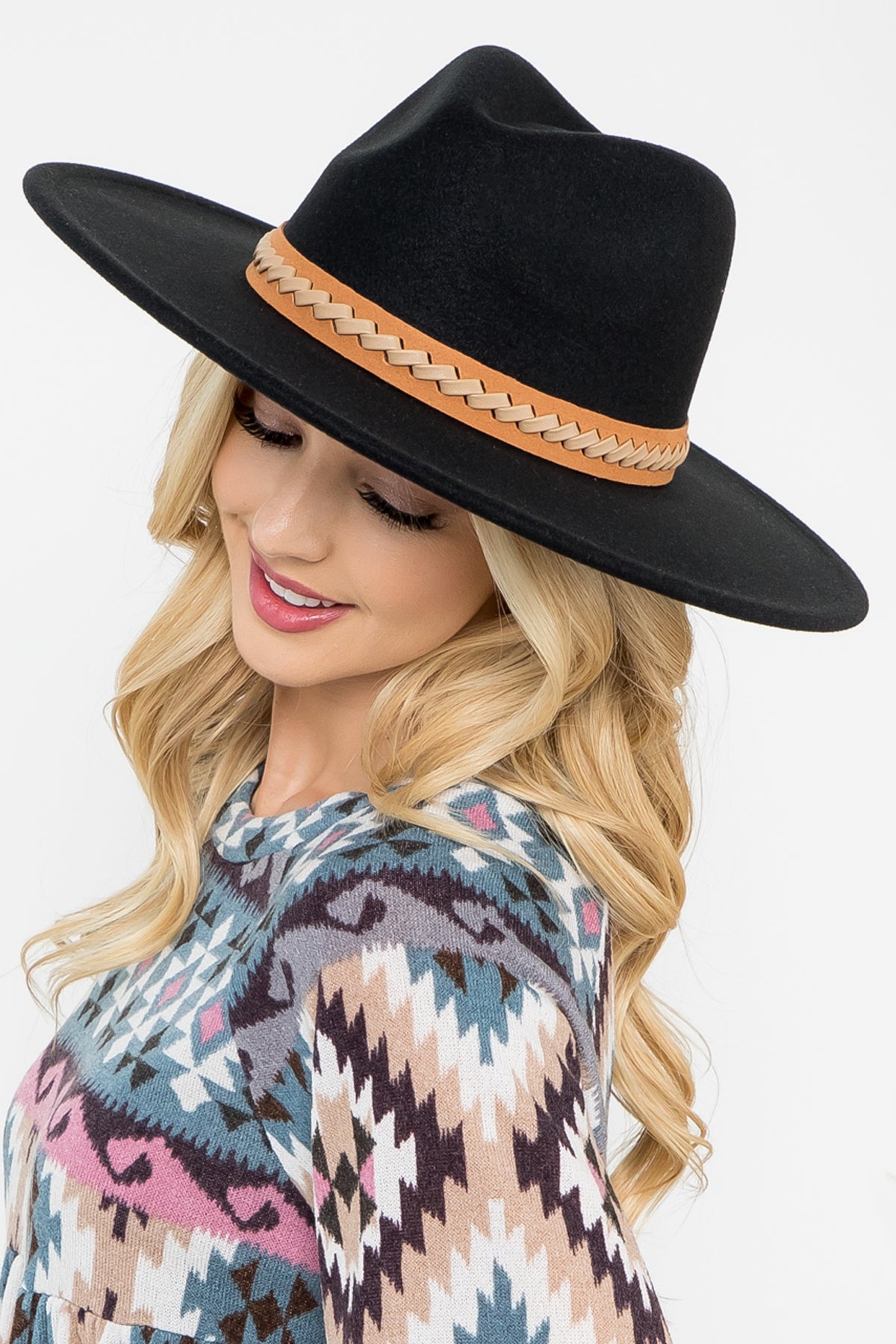 Felt Fashion Brim Hat w/ Leather Braided