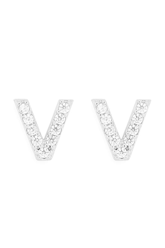 Cubic Zirconia V Initial Earrings Silver