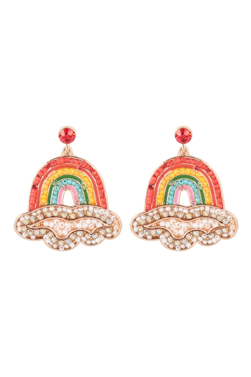 Rainbow With Clouds Seed Beads Rhinestone Earrings