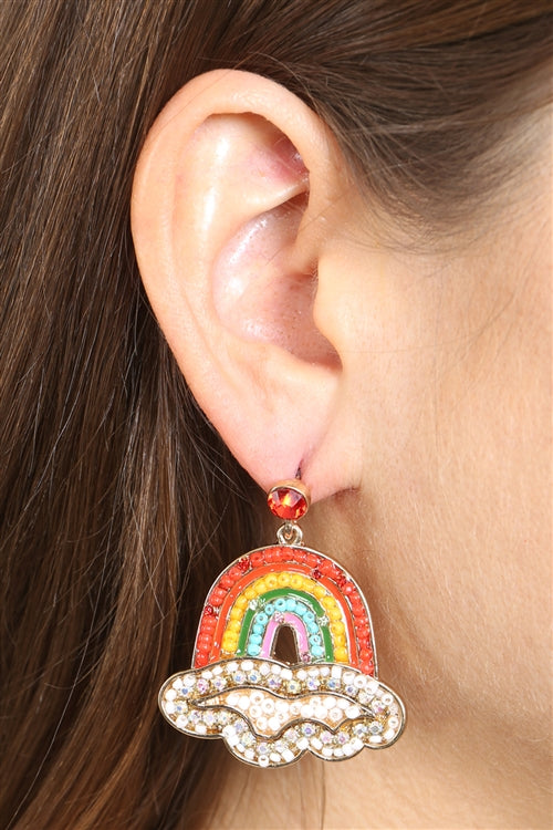 Rainbow With Clouds Seed Beads Rhinestone Earrings