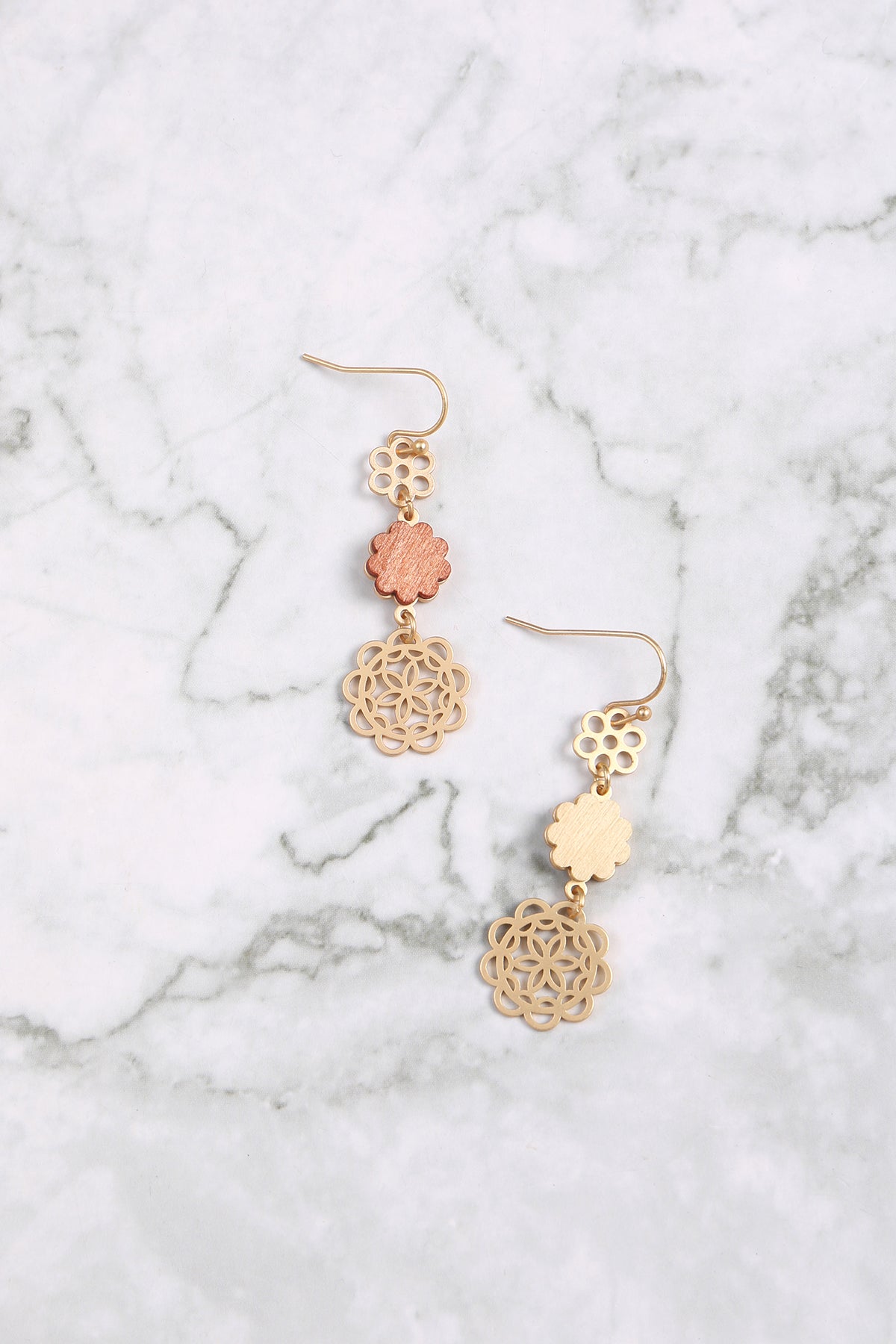 Moroccan Flower Wood Metal Drop Link Earrings Brown