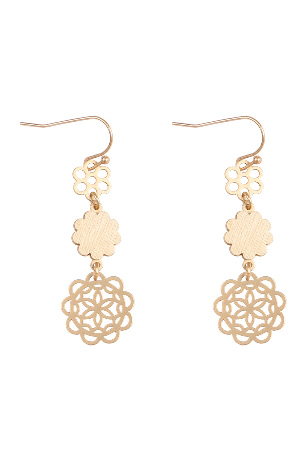 Moroccan Flower Wood Metal Drop Link Earrings Brown