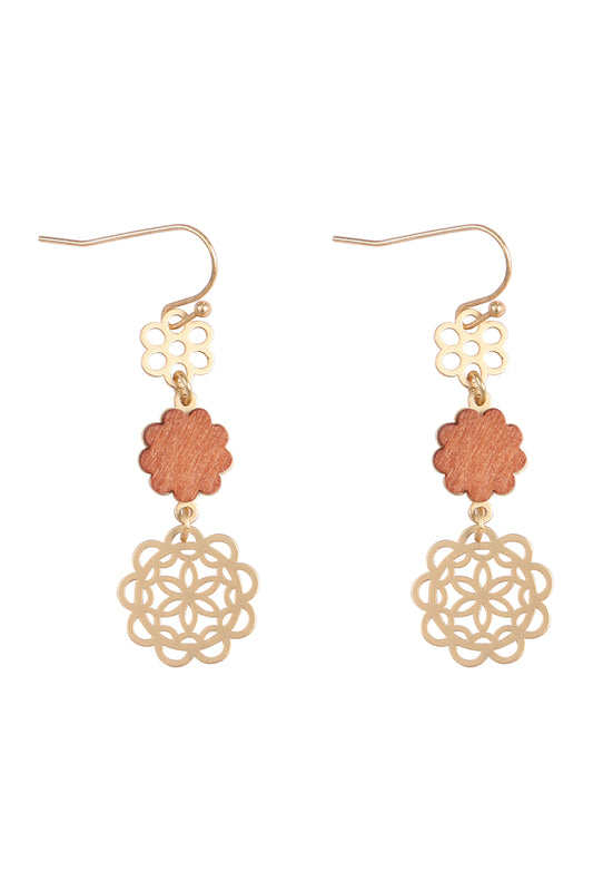 Moroccan Flower Wood Metal Drop Link Earrings Brown