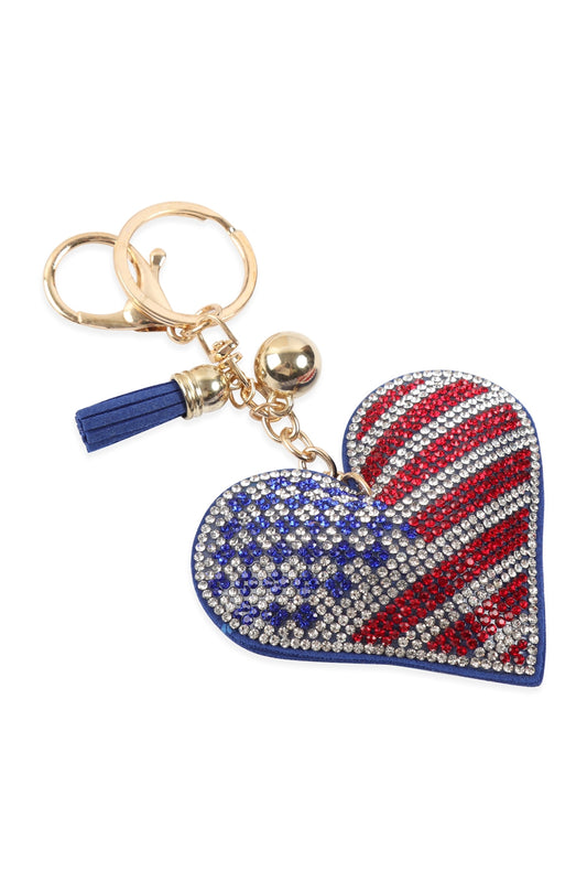 Heart USA Accent Tassel Rhinestone Keychain