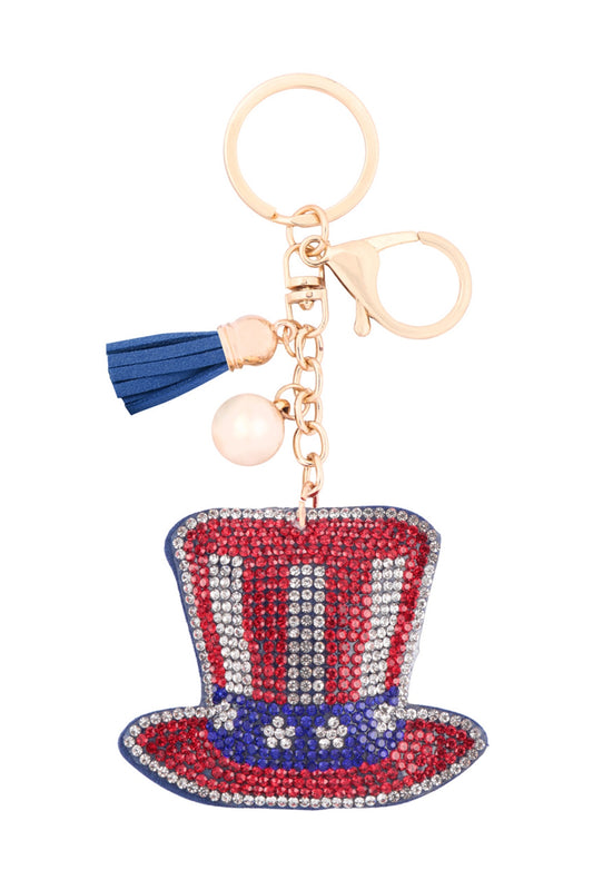 USA Patriotic Hat Rhinestone Tassel Keychain
