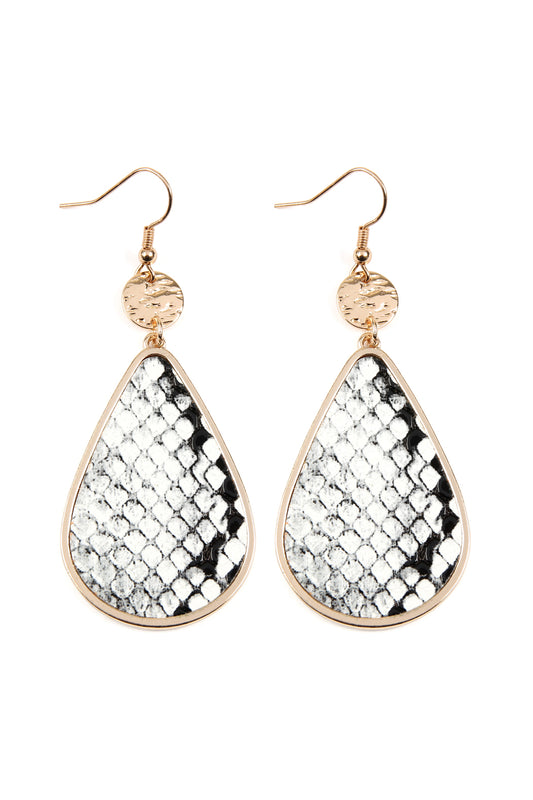 White Snake Dangling Teardrop With Animal Skin Leather Inset Earring