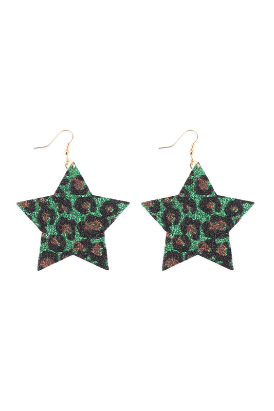 Leopard Print Genuine Leather Star Earrings Green