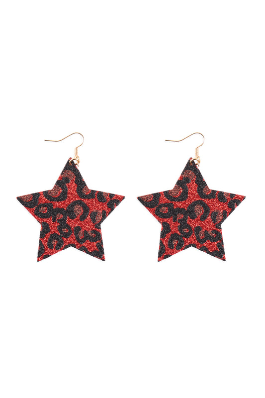 Leopard Print Genuine Leather Star Earrings Red