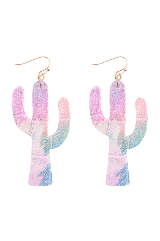 Cactus  Leather Drop Fish Hook Earrings Matte Gold Multicolor