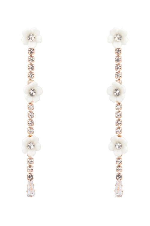 White Flower & Stone Chain Drop Earrings Gold