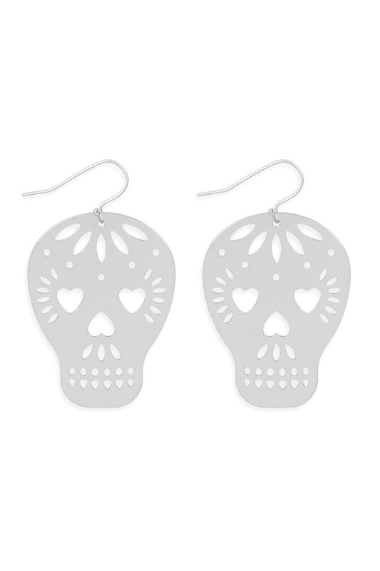 Halloween Skull Coated Filigree Hook Earrings Silver