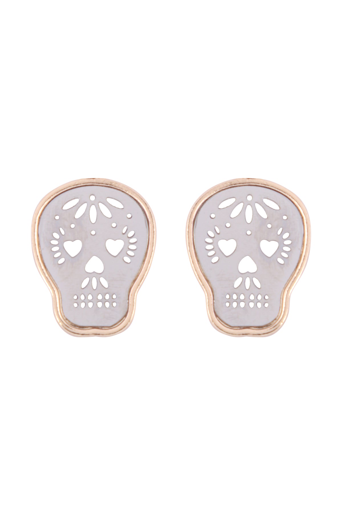 Halloween Two Tone Sugar Skull Filigree Post Earrings Gold Silver