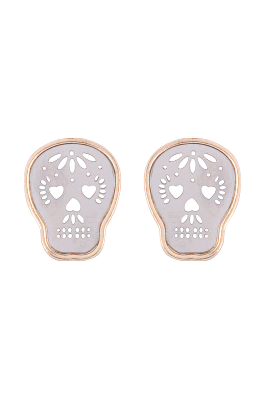 Halloween Two Tone Sugar Skull Filigree Post Earrings Gold Silver