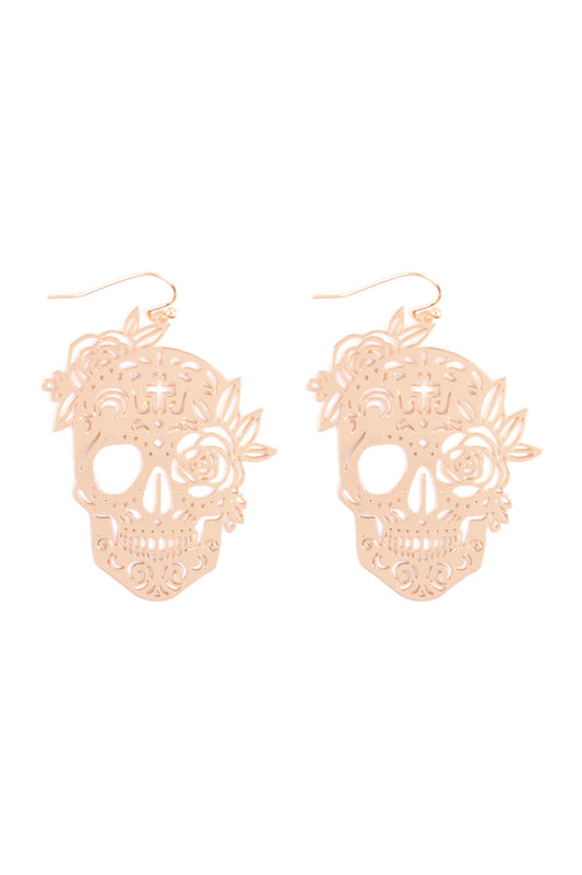 Halloween Skull Cutout Filigree Drop Hook Earrings Gold