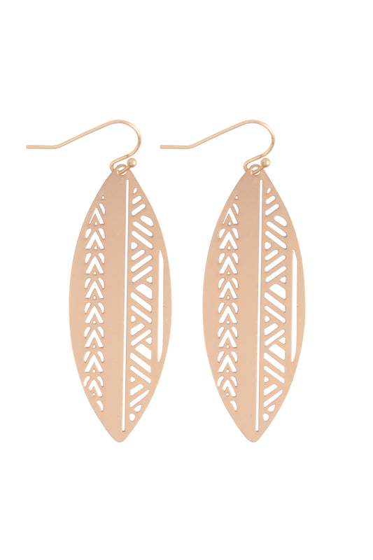 Boat Shaped Aztec Filigree Brass Earrings Matte Gold