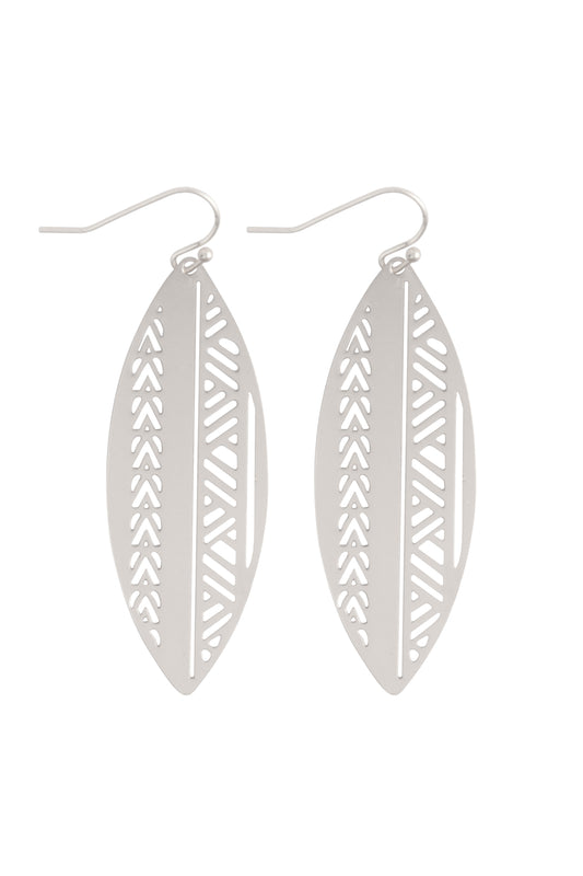 Boat Shaped Aztec Filigree Brass Earrings Matte Silver