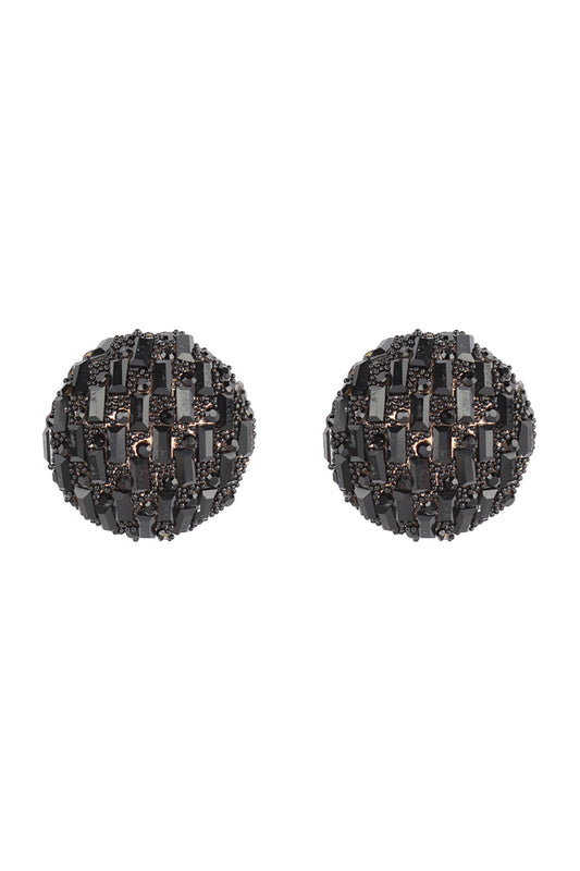 Circle Button Rhinestone Glitter Stud Earrings Black