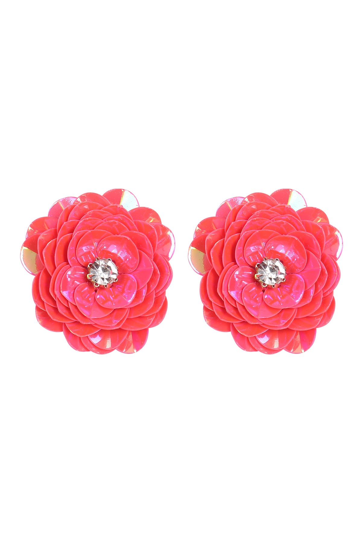 Se2uin Flower Rhinestone Post Earrings Pink