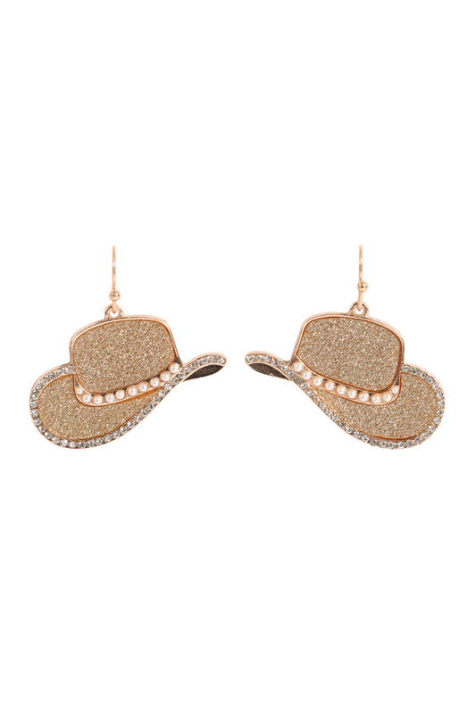 Cowboy Hat Sandsticker Pave Pearl Hook Earrings