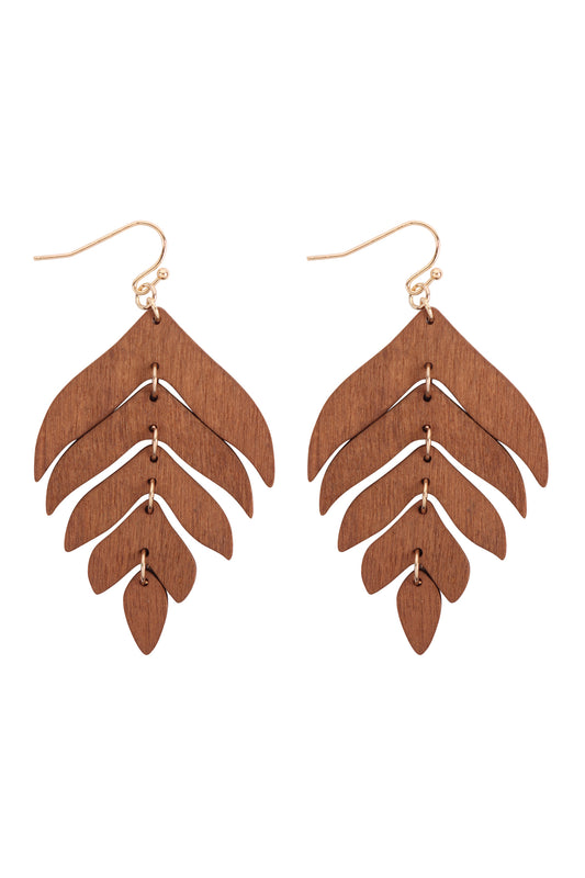 Wood Dangling Leaf Earrings Brown 1/Pc