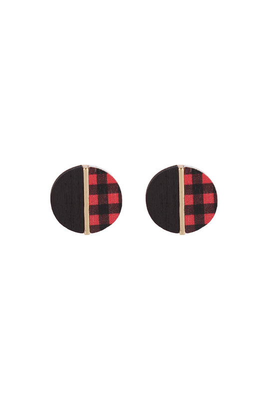 Round Wood Red Check Two Tone Stud Earrings