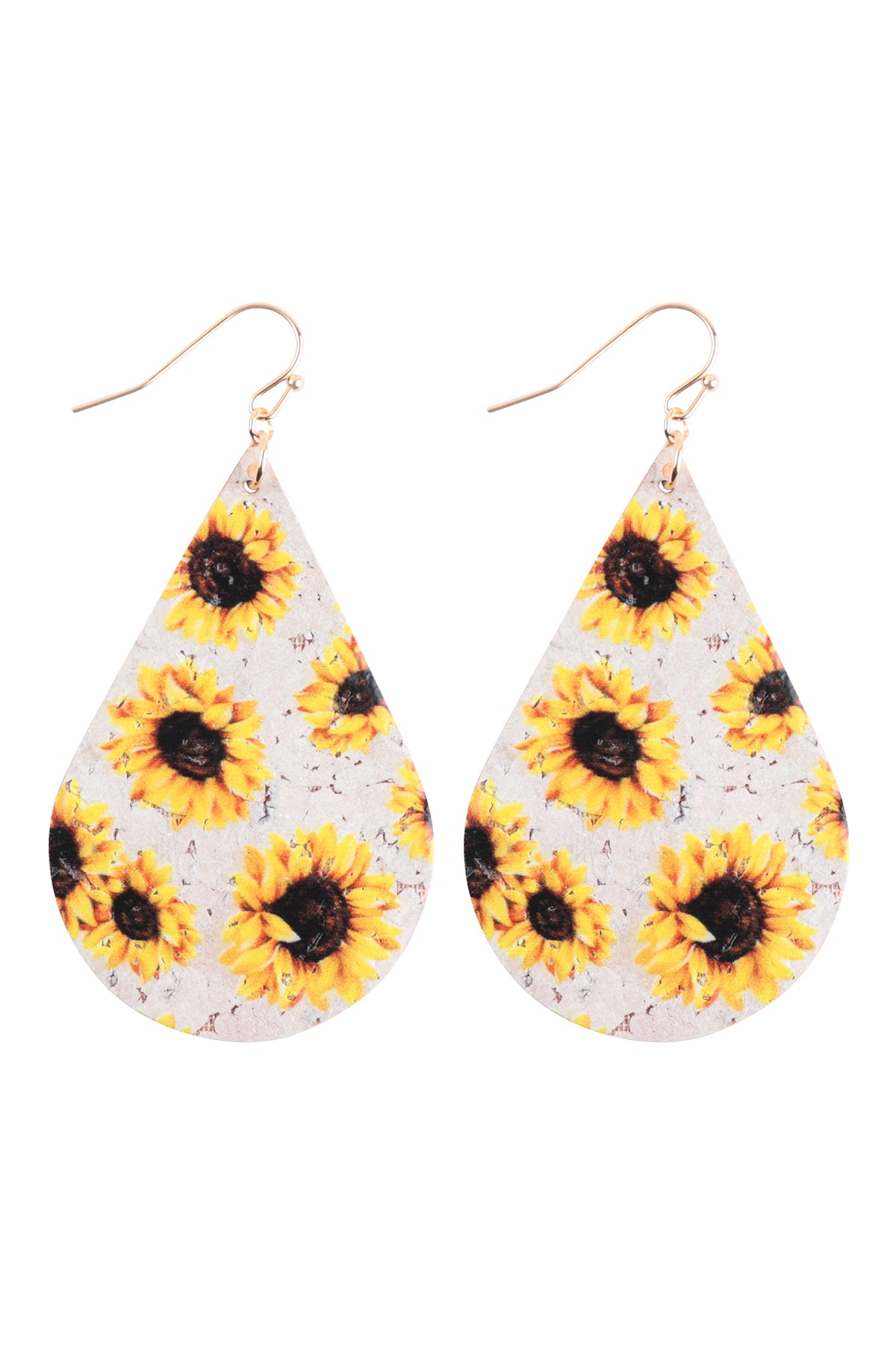 Sunflower Printed Cork Teardrop Fish Hook Earring Light Yellow