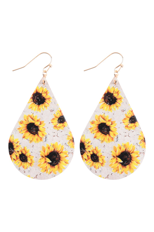 Sunflower Printed Cork Teardrop Fish Hook Earring Light Yellow