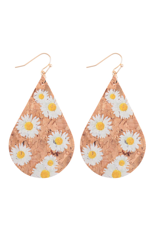 Sunflower Printed Cork Teardrop Fish Hook Earring White