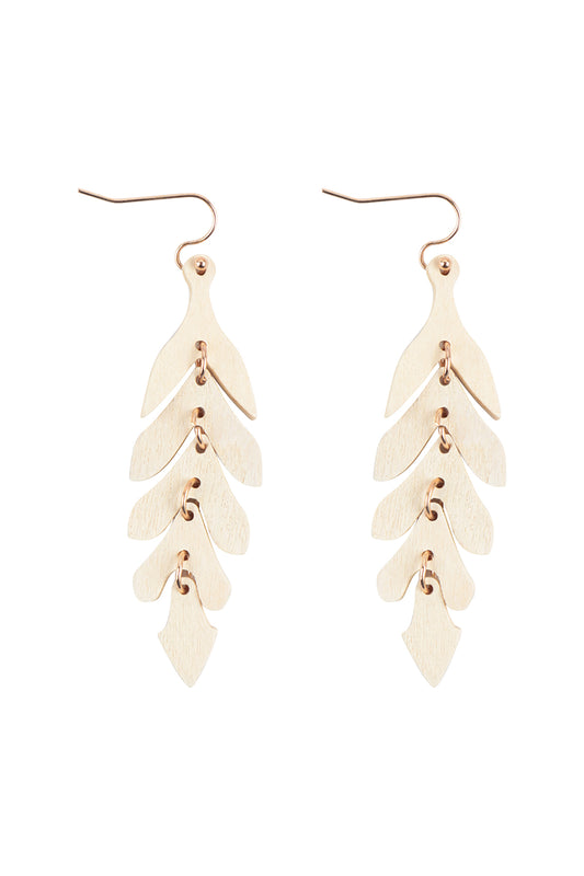 Wood Narrrow Leaf Dangle Drop Earrings Cream