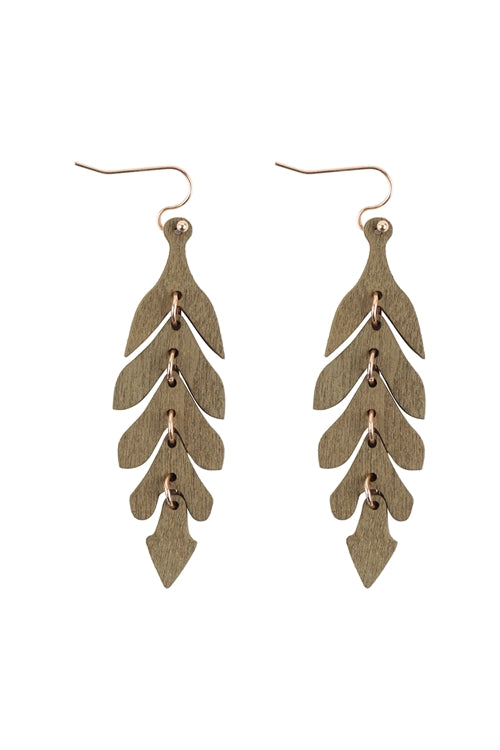 Wood Narrrow Leaf Dangle Drop Earrings