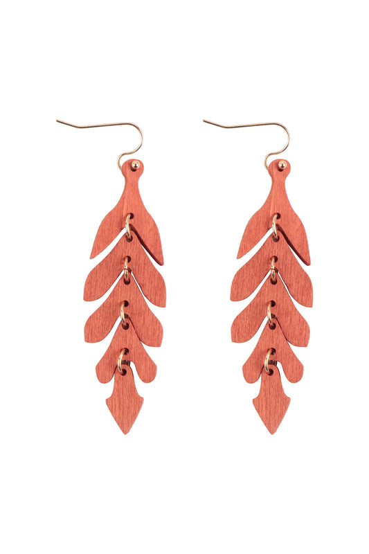 Wood Narrow Leaf Dangle Drop Earrings Orange
