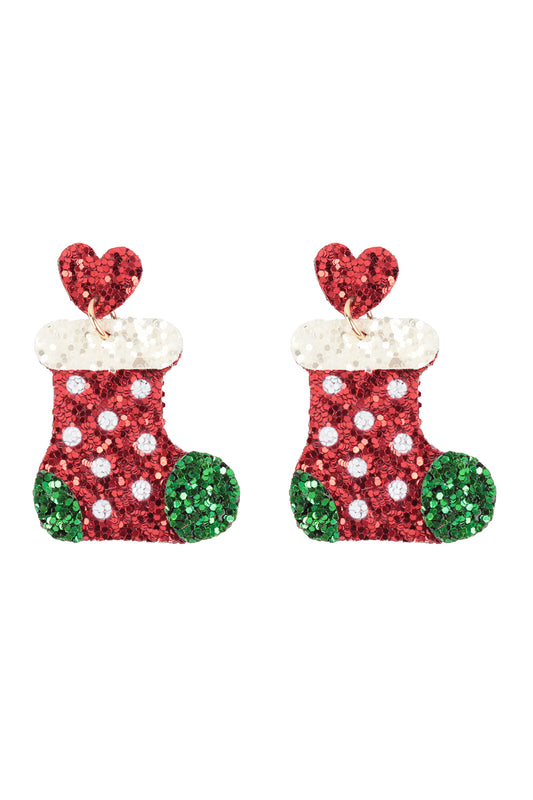 Christmas Socks Glitter FIsh Hook Earrings Red