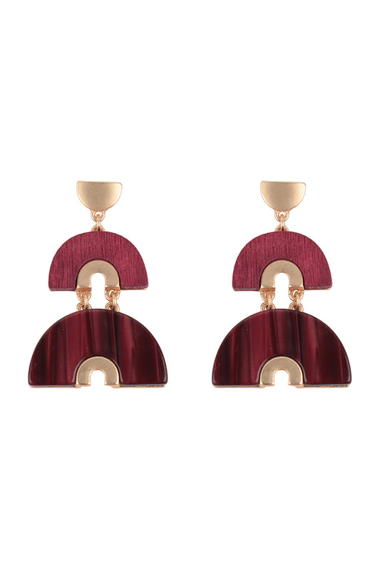 Acetate Wood Arch Layered Drop Earrings Burgundy