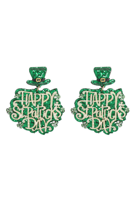 Happy St. Patrick's Day Glitter Dangle Earrings Green