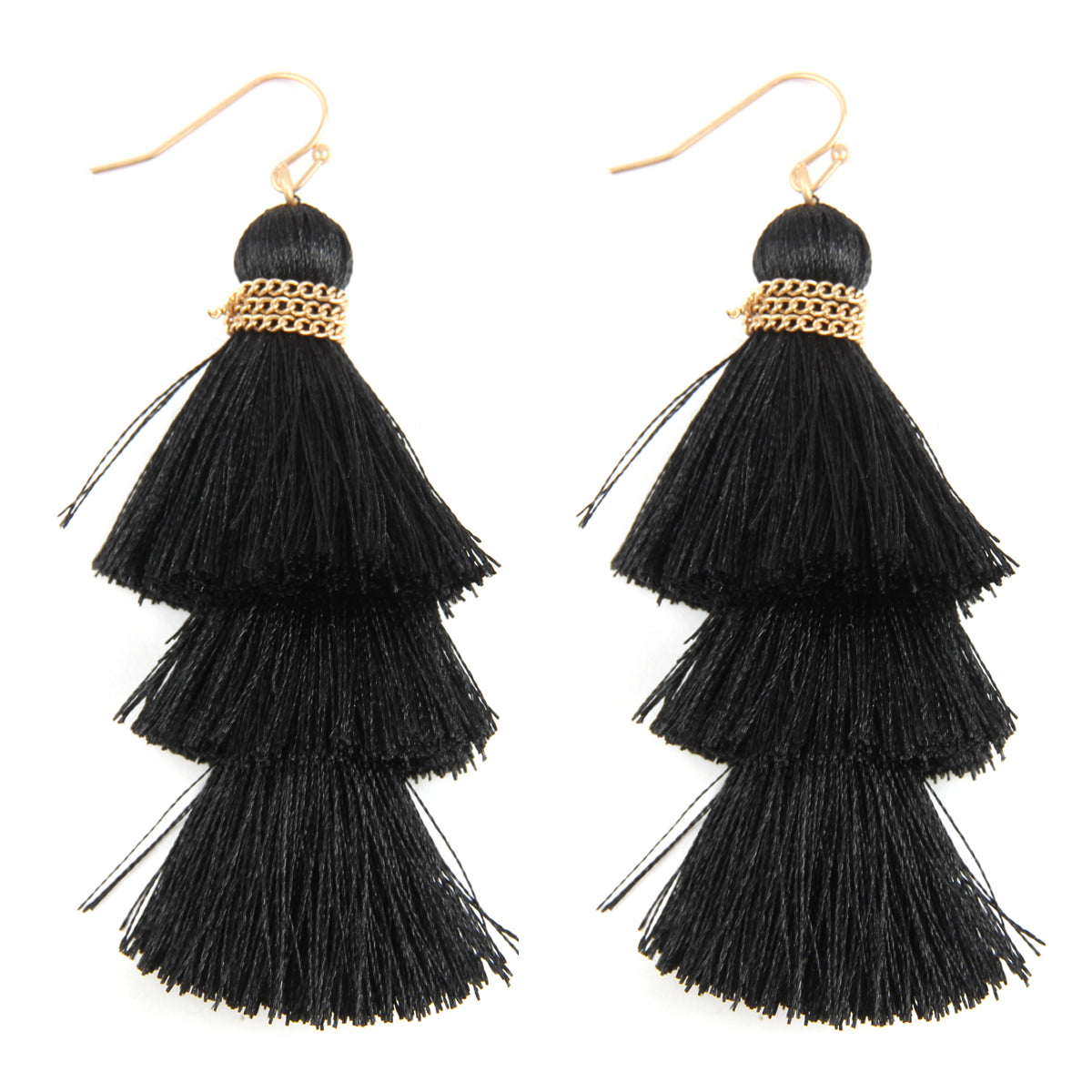 Three Layered Thread Tassel Hook Earrings Navy