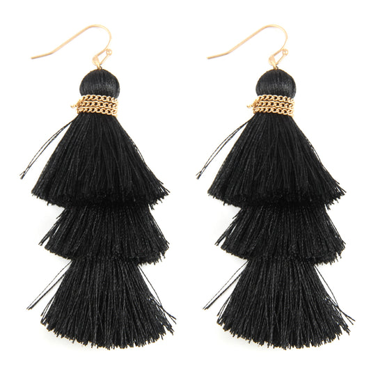 Three Layered Thread Tassel Hook Earrings Navy