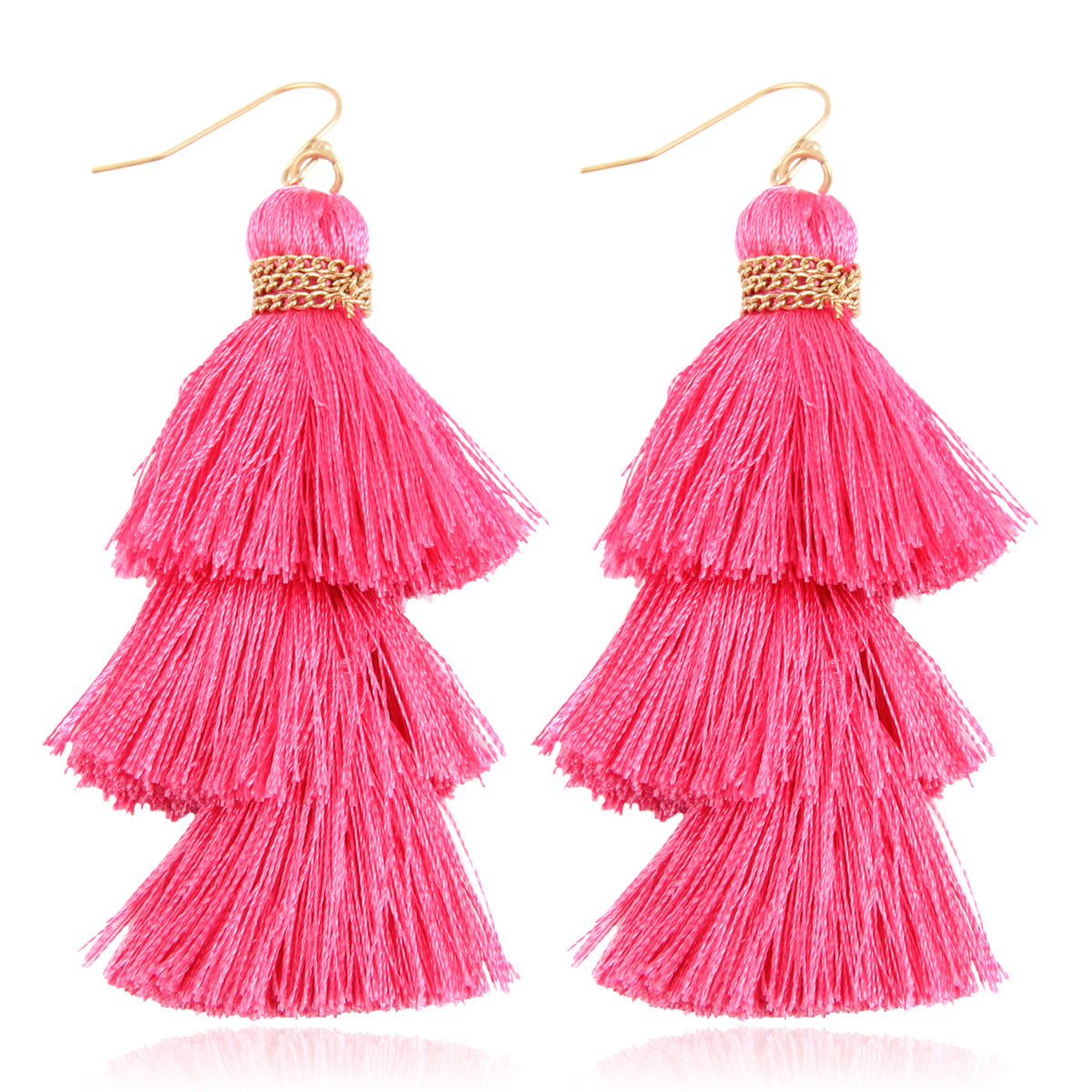 Three Layered Thread Hook Earrings Fuchsia