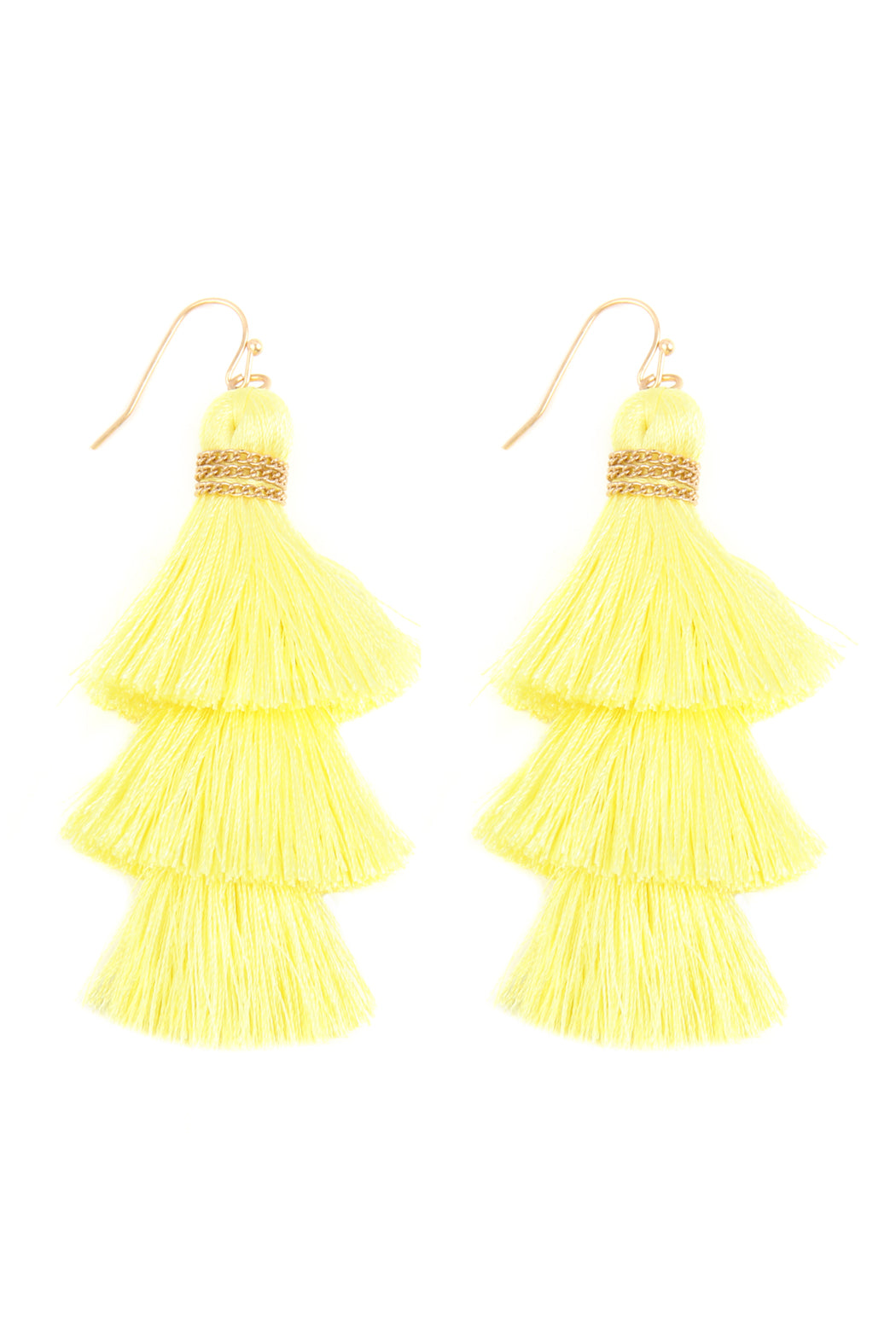 Three Layered Thread Tassel Hook Earrings Mustard