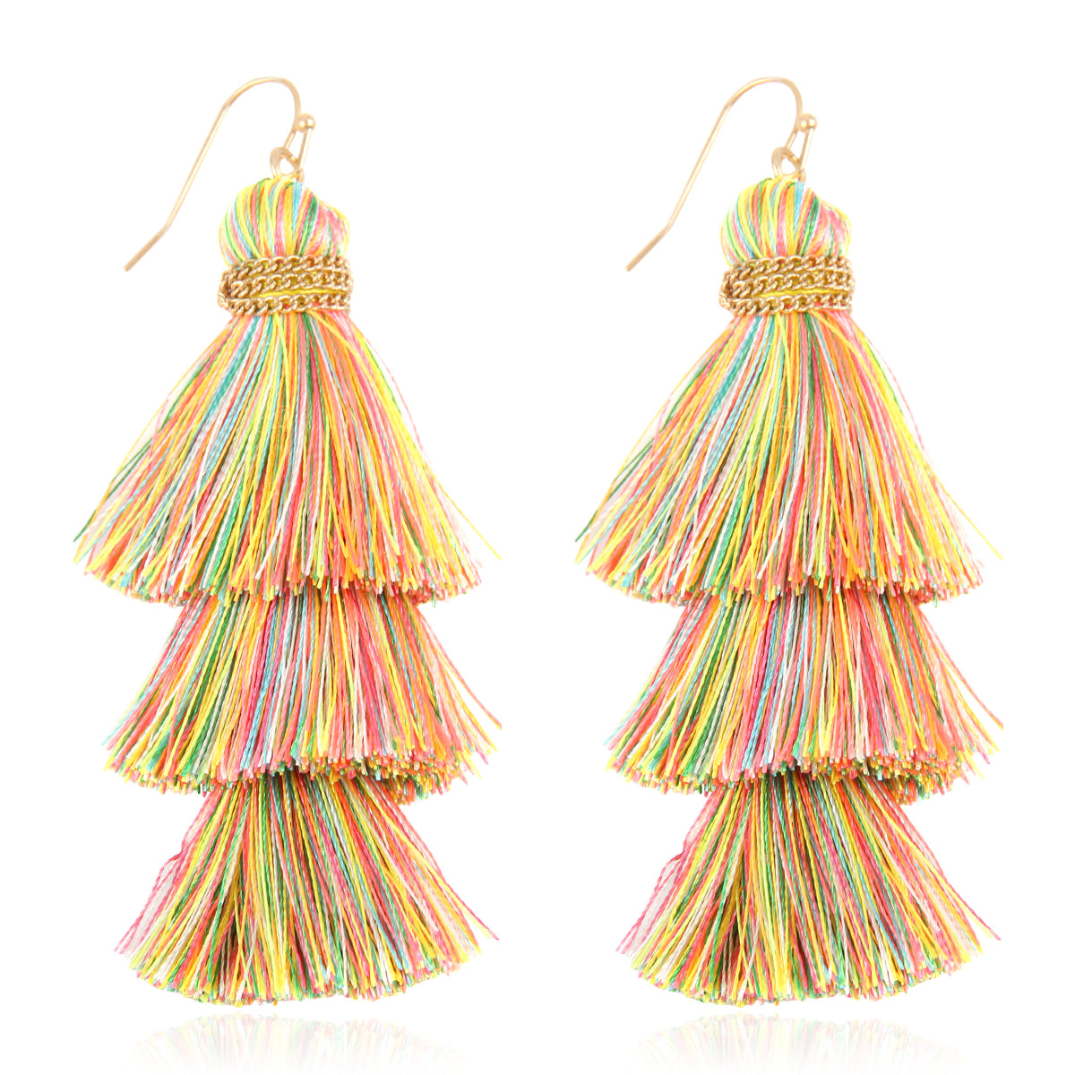 Three Layered Thread Tassel Hook Earrings Multicolor
