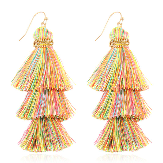Three Layered Thread Tassel Hook Earrings Multicolor