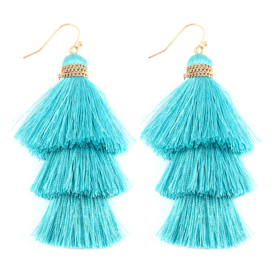 Three Layered Thread Tassel Hook Earrings Tur2uoise