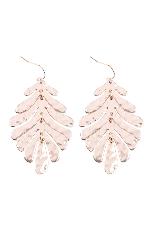Rose Gold Fish Hook Cast Metal Leaf Earrings