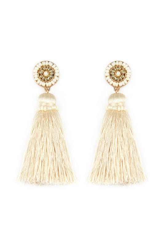 Cream Circled Seed Beads And Tassel Earrings