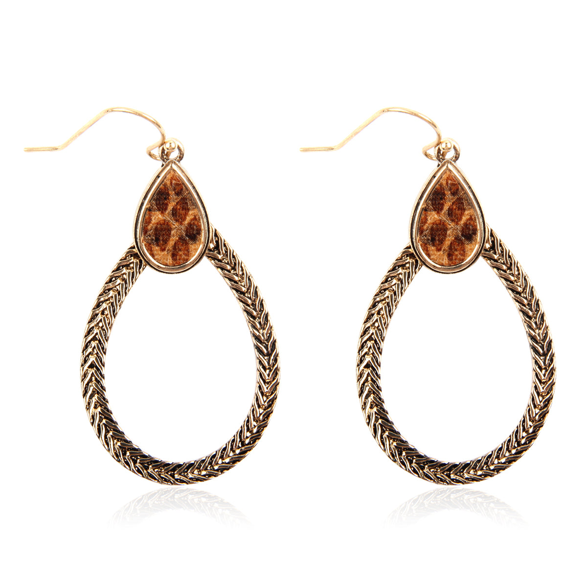 Texture Teardrop With Snake Skin Print Dangle Earrings Brown