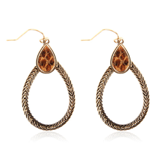 Texture Teardrop With Snake Skin Print Dangle Earrings Brown