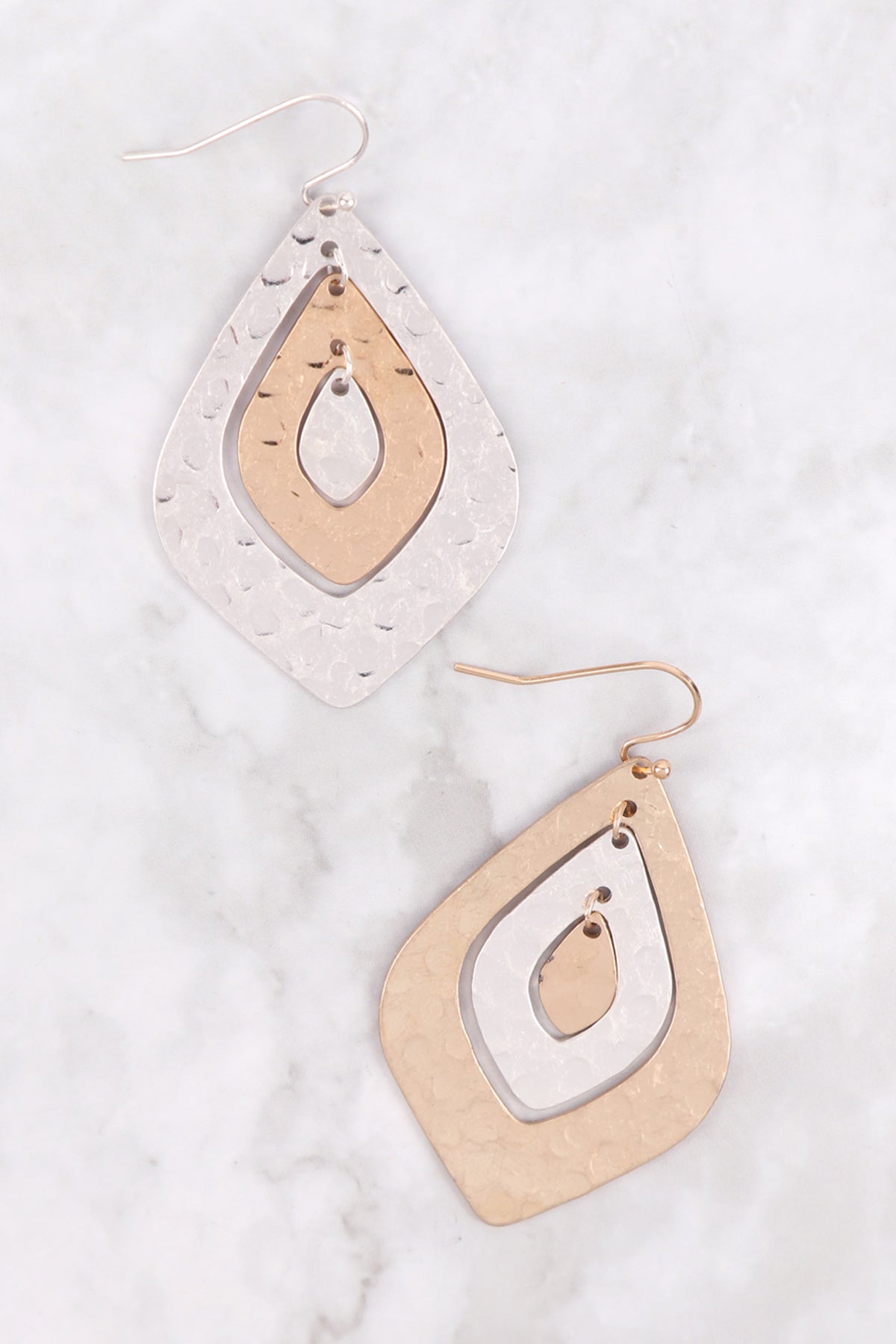 Two Tone Hammerred Mar2uise Shape Earrings Matte Gold Matte Silver